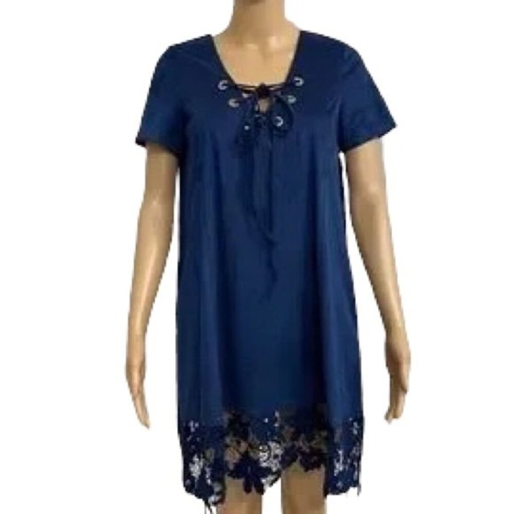 1st Sight Women's Blue Faux Suede Lace Up Dress Floral Lace Hem Shift Size Small